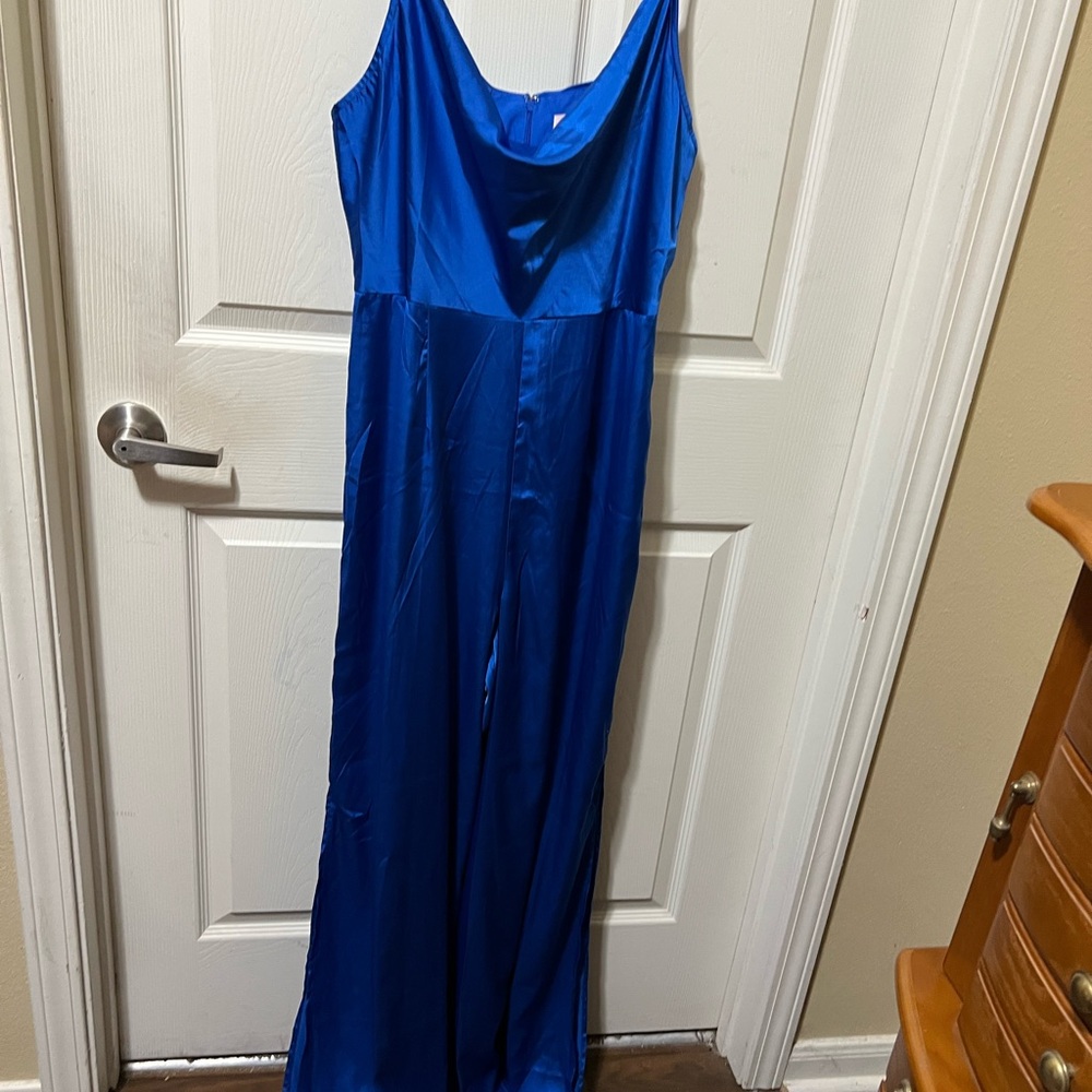 Royal Blue Wide Leg Jumpsuit with Spaghetti Straps and Cowl Neck